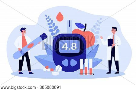 Glucose Level And Diabetes Concept. Doctors With Glucometer And Lab Tubes Checking Blood For Sugar. 