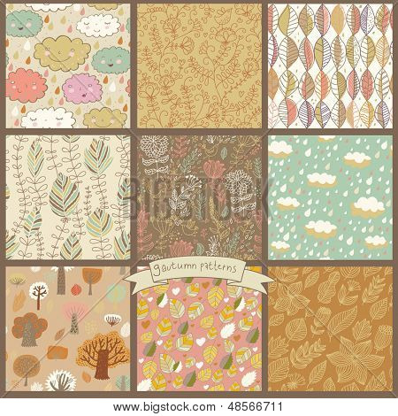 Set of eight autumn seamless patterns with rain clouds, leafs, flowers, trees. Cute vector backgrounds in warm retro colors. Seamless pattern can be used for wallpaper, pattern fills, surface textures