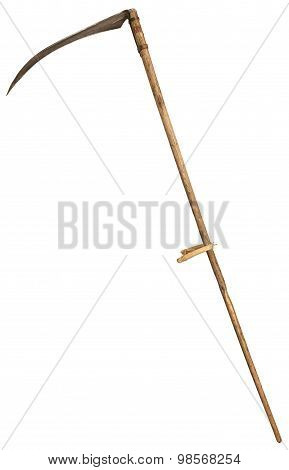 Old vintage scythe for grass isolated on white background. symbol of death.