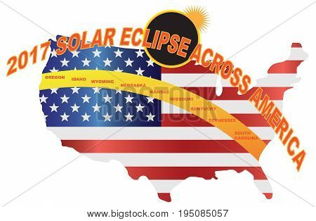 2017 Total Solar Eclipse across America USA map color illustration