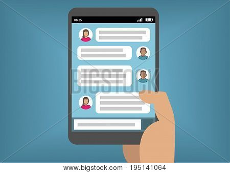 Mobile instant messaging concept with hand holding smart phone or tablet as vector illustration