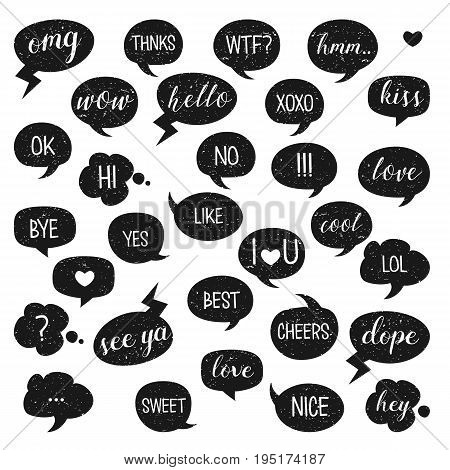 Speech Bubbles Set. Yes, Bye, Hi, Like, Love, Kiss, Best, No, Thnks, Hmm, Cool, Cheers, Ok, Dope, Om