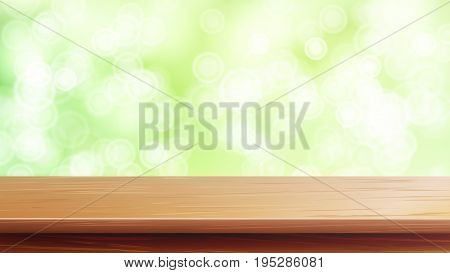 Wood Table Top Vector. Blur Spring Green Background. Empty Smooth Wooden Deck Table. Blurred Warm Bokeh Background. For Advertising Your Product On Display.