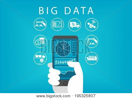 Hand holding smart phone with mobile data analysis dashboard for big data. Concept of different businesses and industries.