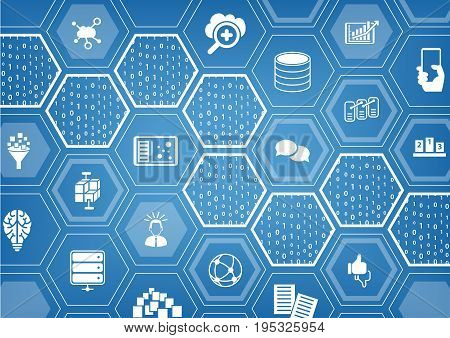 Big data background with hexagon shapes and symbols