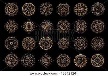 Golden mandalas on black background. Boho style vector design elements. Round eastern ornament clipart. Vector mandalas for wedding design. Luxury oriental motif. Gold mandalas with astrology signs