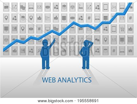 Web analytics vector illustration with two data analysts