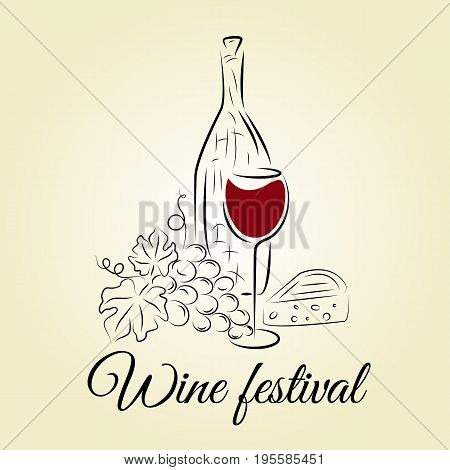 Wine bottle wine glass grape and cheese. Wine festival template. Hand drawn concept for winery wine list wine festival wine tasting menu and poster design. Vector illustration on beige.