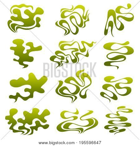 Cartoon stinky smell bubbles, water vapor and stench aroma streams vector set. Aroma smoke stream, odour toxic green illustration