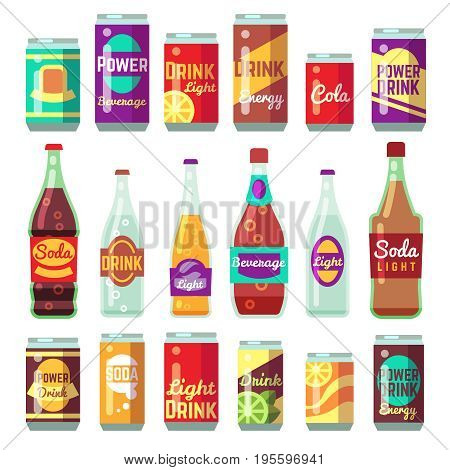 Beverage soft and energy drinks vector flat icons. Drink bottle and can set. Bottle with beverage and drink water in glass bottle illustration