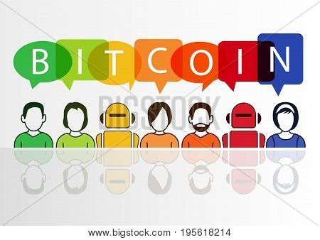 Colorful bitcoin vector illustration and background with people and robots