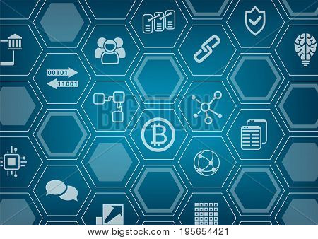 Bitcoin and blockchain blue vector background with polygon shapes