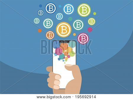 Bitcoin vector illustration with icons. Hand holding modern bezel-free / frameless smartphone on blue background