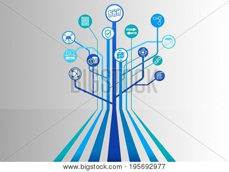 Blockchain vector background with various icons like distributed database, anonymized transfer and crypto-currency.