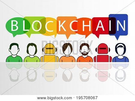 Blockchain vector illustration with text displayed in colorful speech bubbles