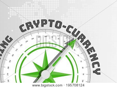 Crypto-currency concept with compass pointing towards text and world map