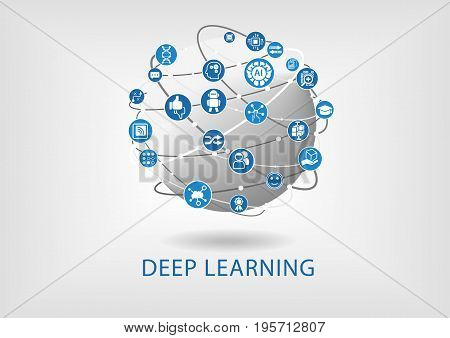 Deep learning concept as vector illustration with icons and globe