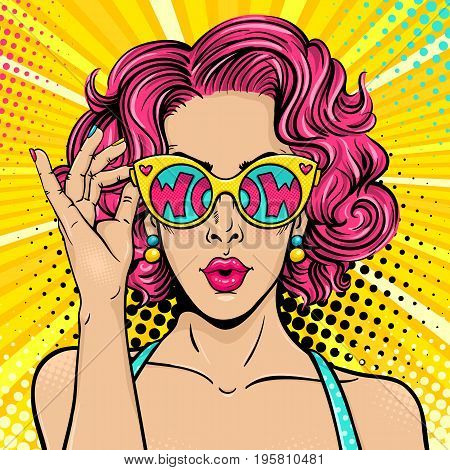 Wow pop art face. Sexy surprised woman with pink curly hair and open mouth holding sunglasses in her hand with inscription wow in reflection. Vector colorful background in pop art retro comic style.