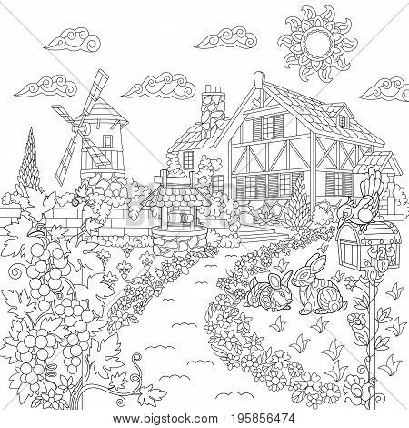 Coloring book page of rural landscape. Farm house windmill water well mail box rabbits bird grape vines. Freehand drawing for adult antistress colouring with doodle and zentangle elements.