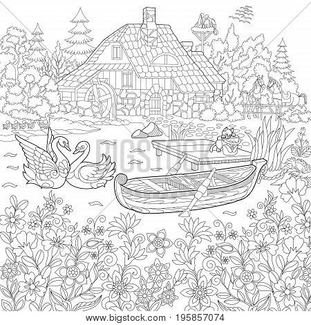 Coloring book page of rural landscape flower meadow lake farm house ducks kitten swans horses frog storks. Freehand drawing for adult antistress colouring with doodle and zentangle elements.