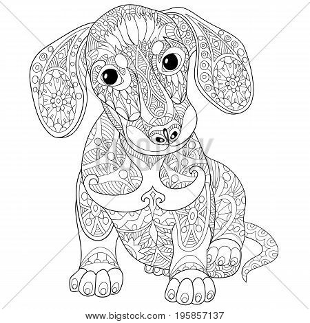 Coloring book page of dachshund puppy dog isolated on white background. Freehand sketch drawing for adult antistress colouring with doodle and zentangle elements.