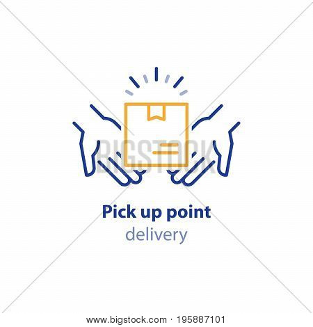 Pick up point, receive order, collect parcel, delivery services, shipping concept, package shipment, hands holding box, vector line illustration