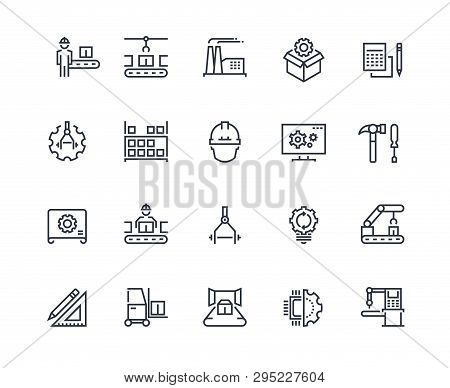 Production Line Icons. Industry Machine Production, Factory Conveyor Line, Automatic Robot Manipulat