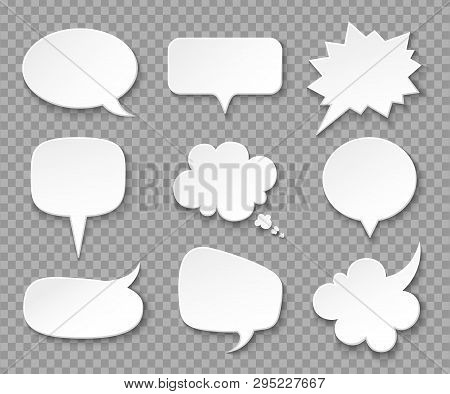 Paper Speech Bubbles. White Blank Thought Balloons, Shouting Box. Vintage Speech And Thinking Expres