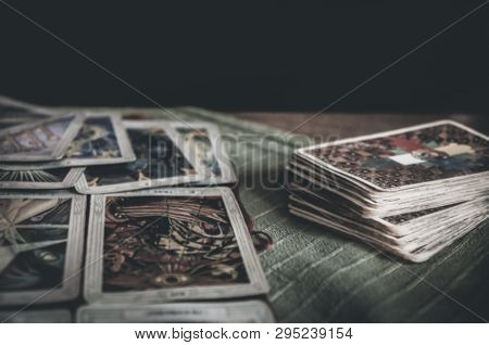 Bruvoll, Norway - March 23, 2011: Occult Mystic Old Tarot Cards Laying On Table For A Magical Pagan 