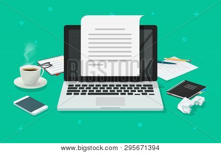 Writer Workplace And Computer Paper Sheet Vector Illustration, Flat Cartoon 3d Copywriter Workspace 