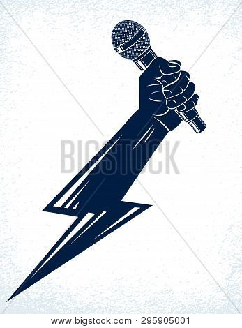 Microphone In Hand In A Shape Of Lightning, Rap Battle Rhymes Music, Karaoke Singing Or Standup Come