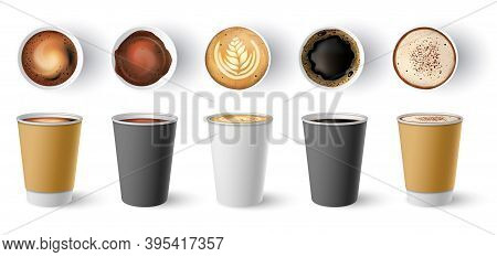 Coffee To Go Cup. Paper Cappuccino Cups Top And Side View. Hot Americano, Espresso And Latte In Card