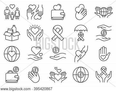 Charity And Donation Icon. Hands Donating Money And Hearts. Community Support Icons. Family Adopt, F