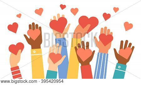 Hands Donate Hearts. Charity, Volunteer And Community Help Symbol With Hand Gives Heart. People Shar