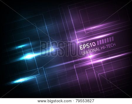 Vector diagonal hi-tech concept against dark background, colored in shades of blue and violet