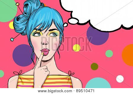 Pop Art illustration of girl with the speech bubble.Pop Art girl. Party invitation.