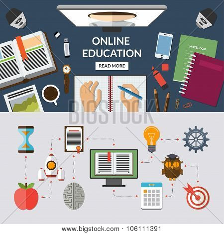 Online education flat concept background banner