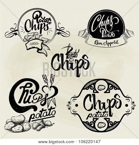 Vector set of potato chips labels, design elements. Isolated logo illustration in vintage style.