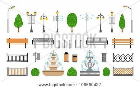 Vector City, Street, Park And Outdoor Elements Icons Set