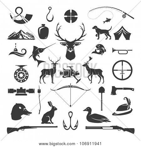 Set of Hunting and Fishing Objects Vector Design Elements Vintage Style. Deer head, hunter weapons, forest wild animals and other isolated on white.