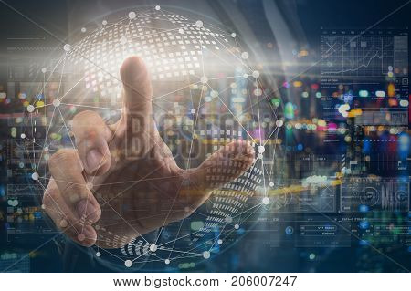 hand of Businessman touching the global network with the earth over the photo blurred of cityscape background and digital virtual screen background business innovation and technology concept, 3D illustration