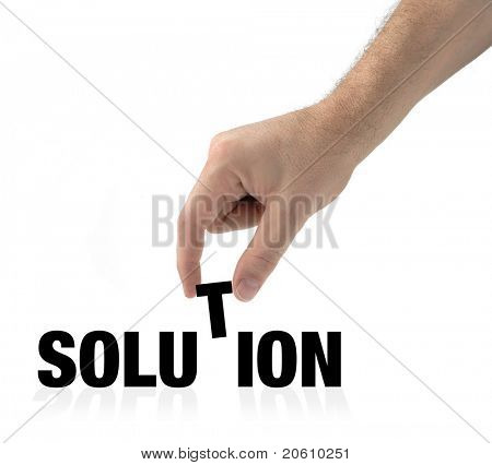 Hand and word solution isolated on white creating a concept