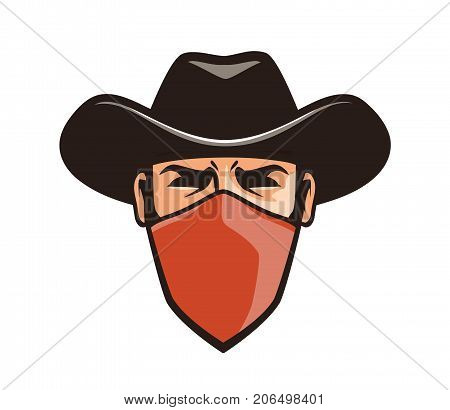 Angry thug in mask. Cowboy, robber, bandit in hat. Cartoon vector illustration isolated on white background