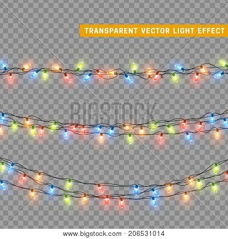 Christmas lights isolated realistic design elements. Glowing lights for Xmas Holiday greeting card design. Garlands decorations. Led neon lamp