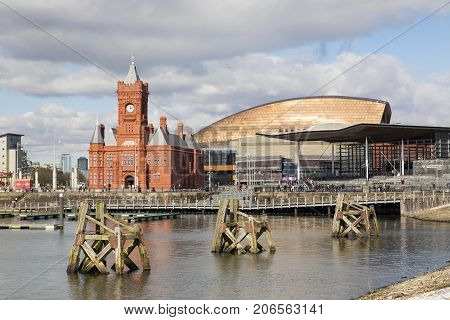 Cardiff, UK: March 10, 2016: Cardiff Bay is the area created by the Cardiff Barrage in South Cardiff, the capital of Wales. The Welsh National Assembly is located there.