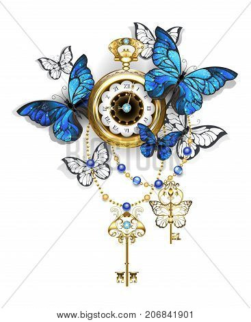 Antique gold watch with blue and white butterflies morpho and golden keys on a white background. Design with blue butterflies morpho.