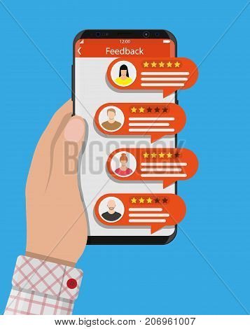 Hand holds smartphone with rating app. Bubble speeches and avatars. Reviews five stars rating with good and bad rate and text. Testimonials, rating, feedback, review. Vector illustrayion in flat style