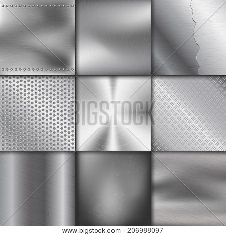 Metal texture pattern background vector metallic illustration background glossy effect. Silver shiny metallic surface. Industry gray design aluminium panel backdrop.