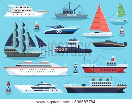 Maritime Ships Flat. Water Carriage, Vessels Boats Yacht Ship Battleship Warship Large Vessel And Sp