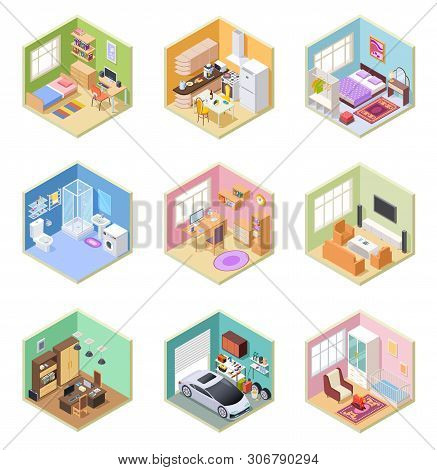 Isometric Rooms. Designed House, Living Room Kitchen Bathroom Bedroom Toilet Apartment Interior With